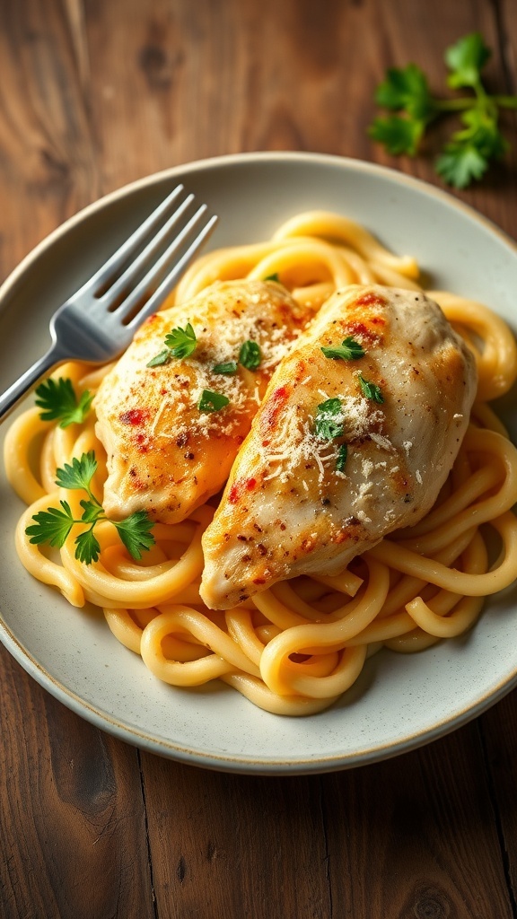 Chicken breasts on buttered egg noodles, garnished with parsley and Parmesan cheese on a rustic table.